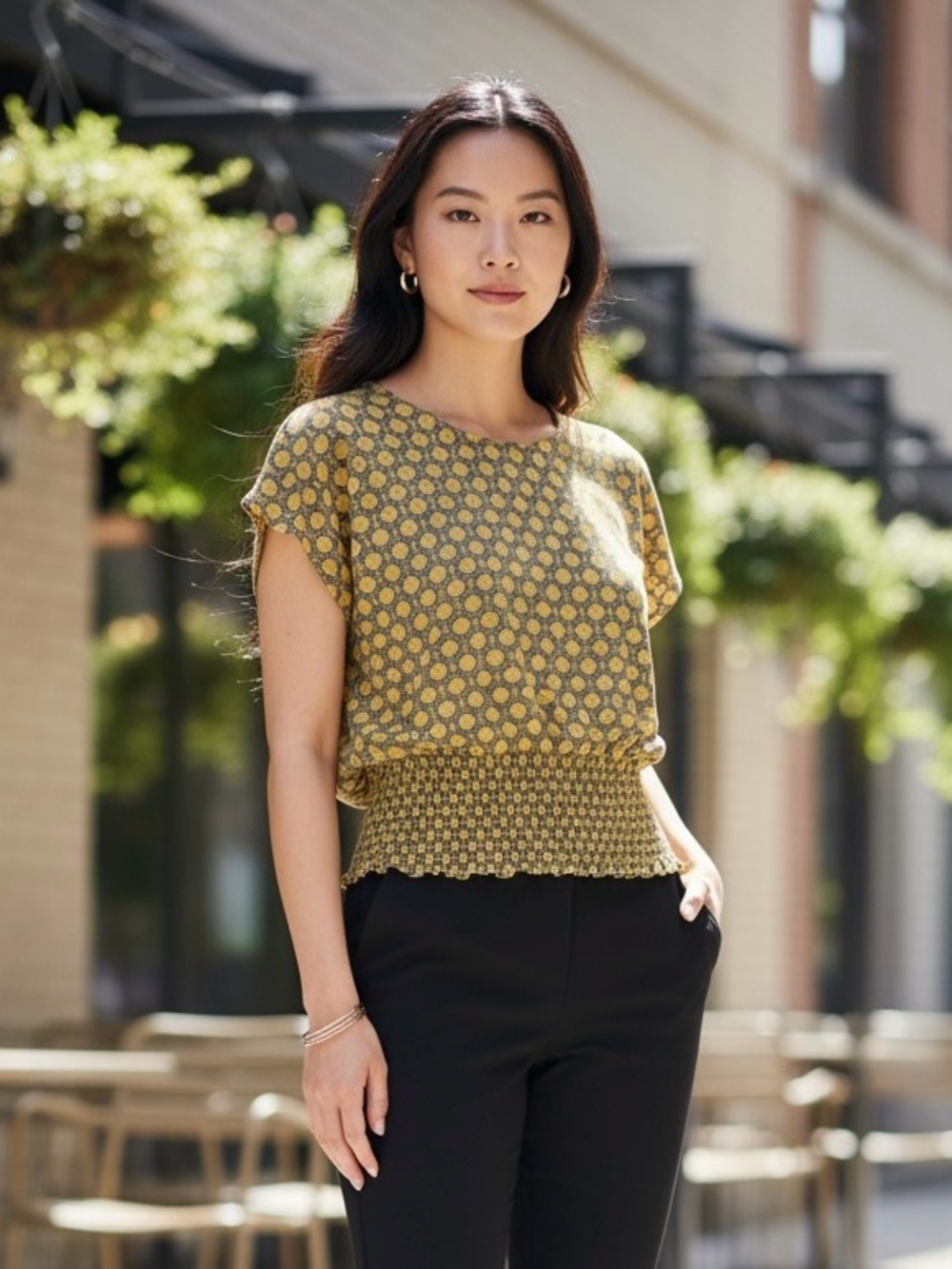 Pleione Yellow and Gray Geometric Smocked-Waist Blouse